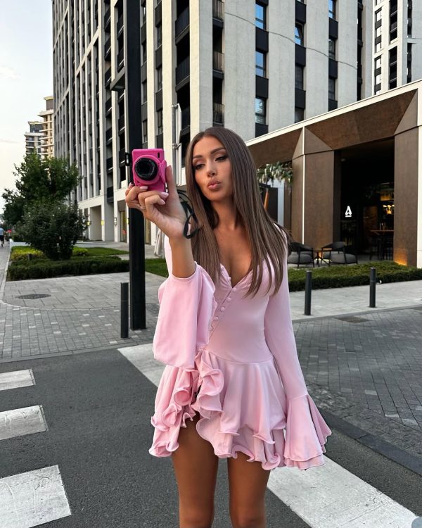 taylor ruffled long sleeve mini dress in pink 14
