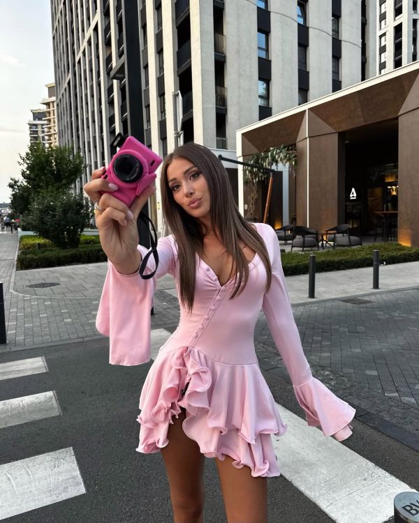 taylor ruffled long sleeve mini dress in pink 15