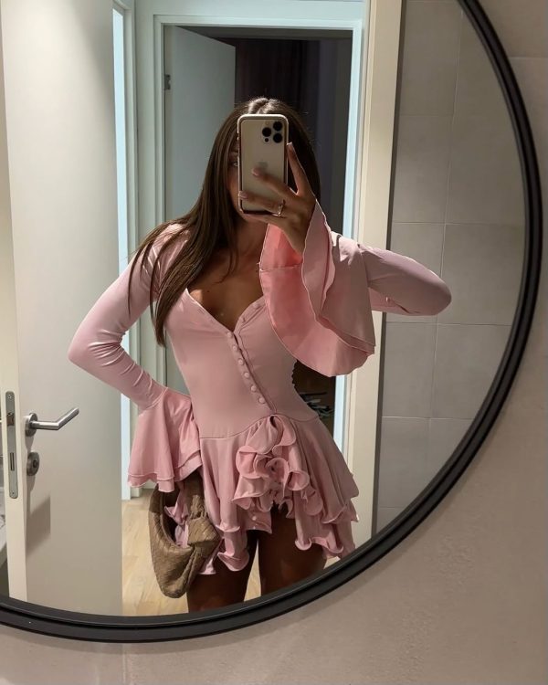 taylor ruffled long sleeve mini dress in pink 16