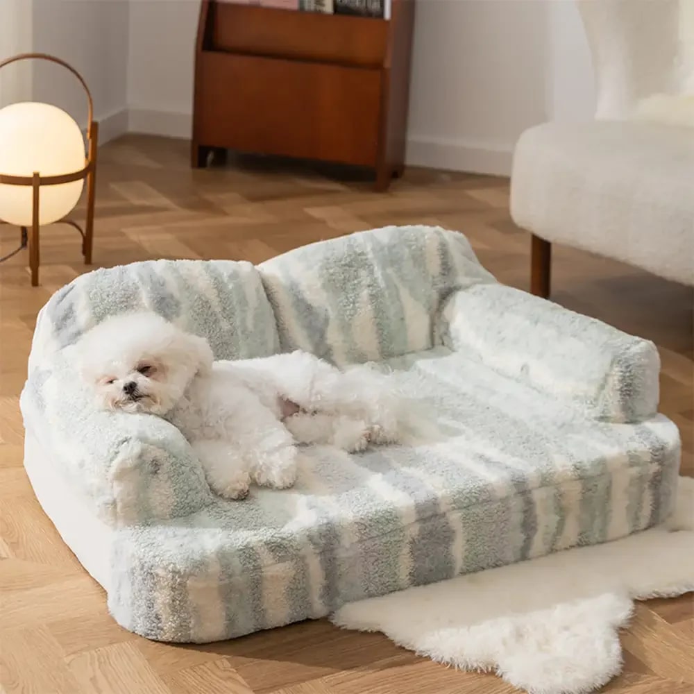 trendy tie dye faux lamb wool spine protection snuggly dog sofa bed 11