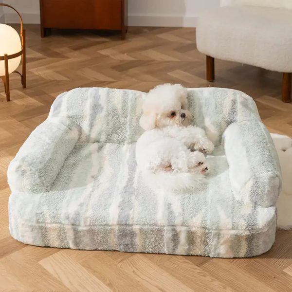trendy tie dye faux lamb wool spine protection snuggly dog sofa bed 14