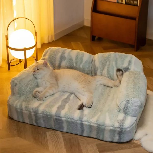 trendy tie dye faux lamb wool spine protection snuggly dog sofa bed 16