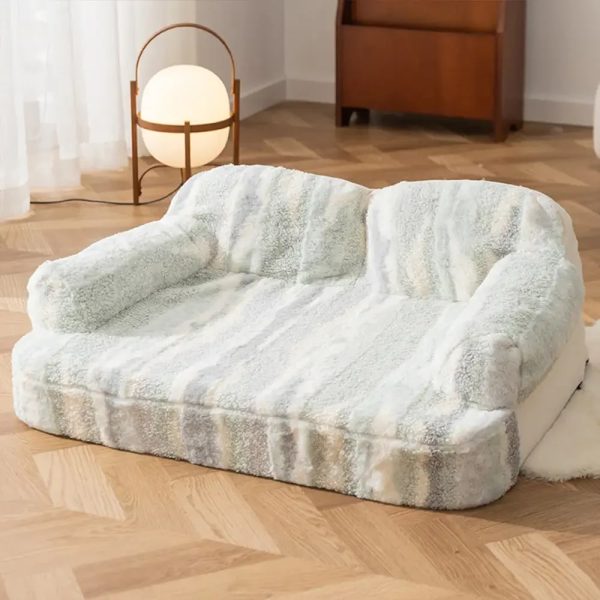 trendy tie dye faux lamb wool spine protection snuggly dog sofa bed 17