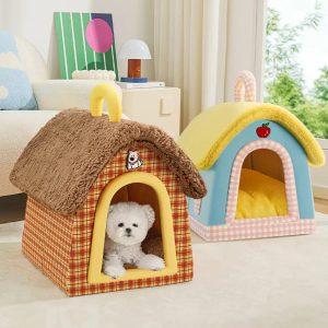 vintage plaid cozy plush warm foldable cat cave dog house 11
