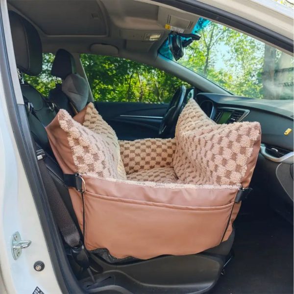 2 in 1 checkerboard faux leather safety center console pet car seat & carrier 14