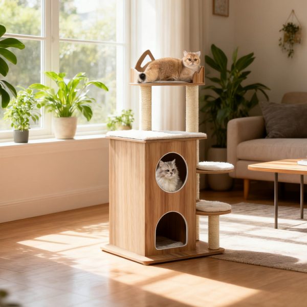 48 wooden cat tree with 2 floor condo & washable cushions 12