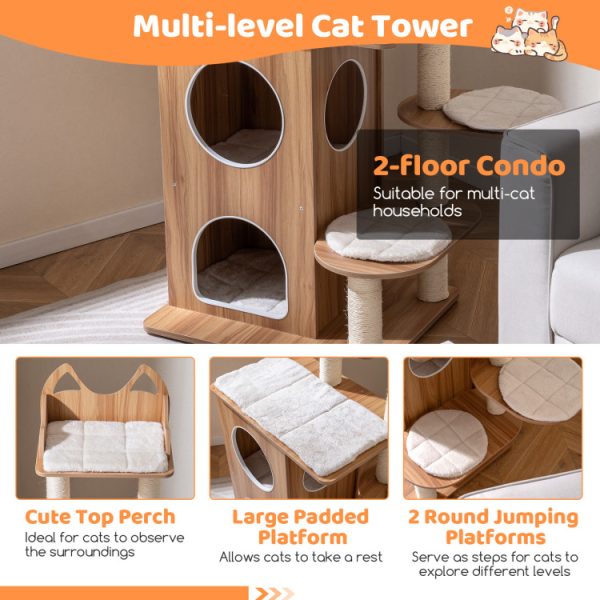 48 wooden cat tree with 2 floor condo & washable cushions 14