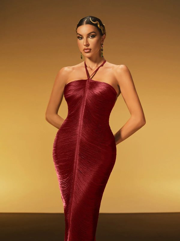 bluma halterneck fringe maxi dress in red 12