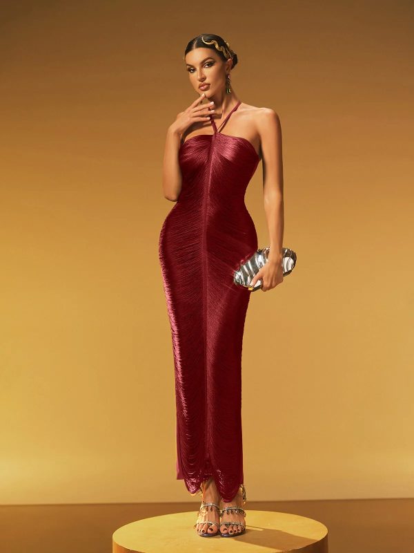 bluma halterneck fringe maxi dress in red 13