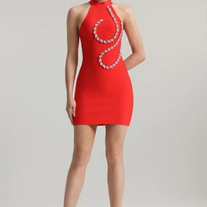 georgiana halter sleeveless diamond bandage mini dress red 11