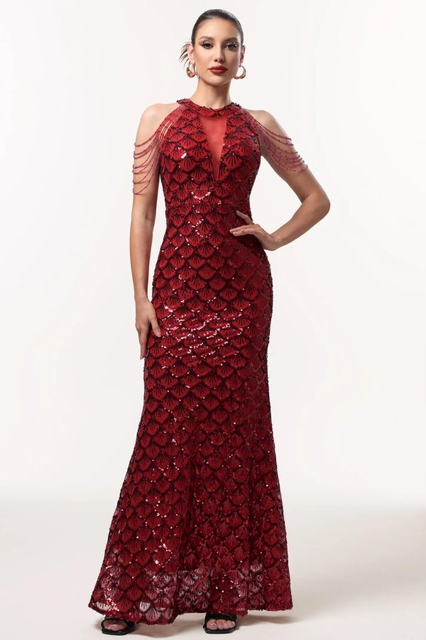 mallen embellished halter fish scale sequin maxi dress 11