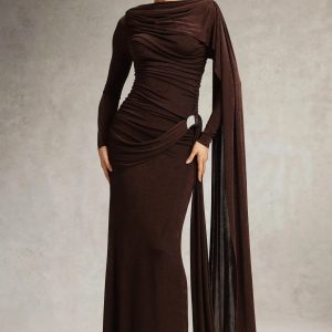 tihila long sleeve ruched brown maxi dress 11