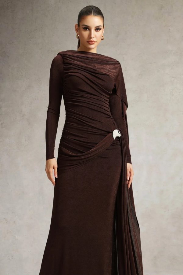 tihila long sleeve ruched brown maxi dress 12