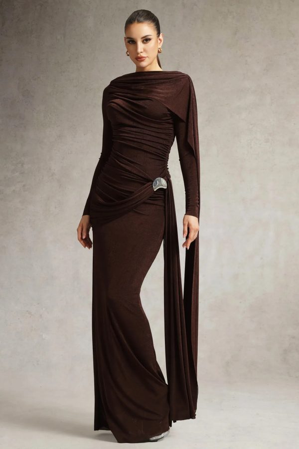 tihila long sleeve ruched brown maxi dress 13