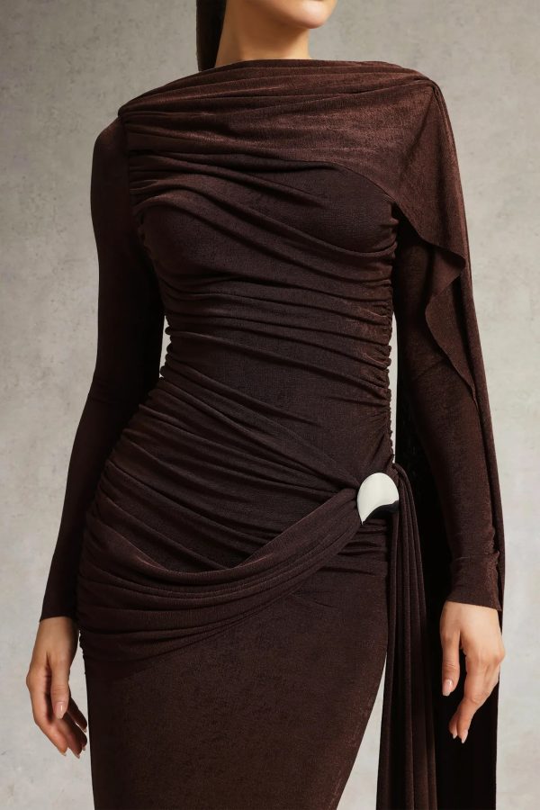 tihila long sleeve ruched brown maxi dress 14