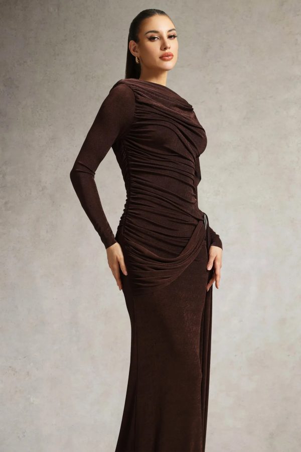 tihila long sleeve ruched brown maxi dress 15