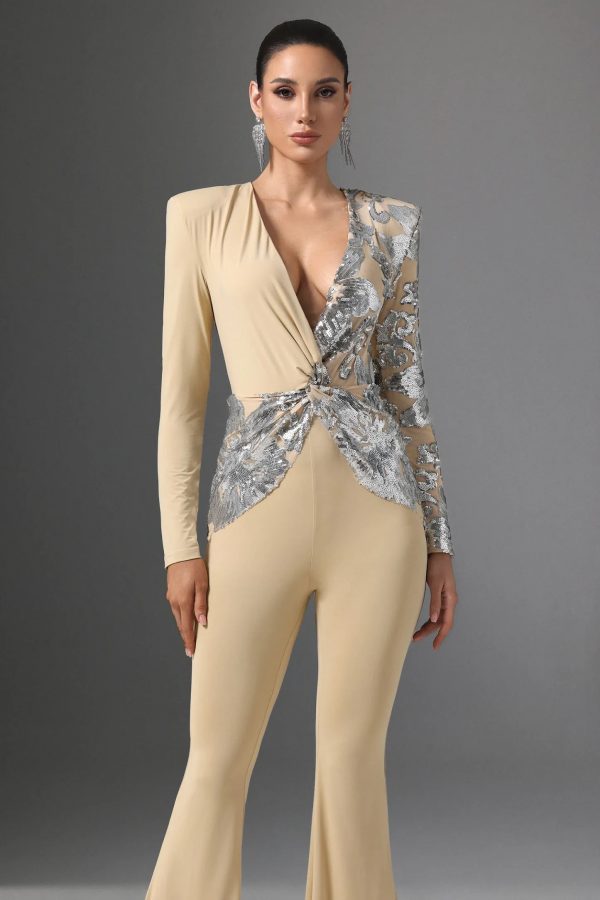 tzeitel long sleeve v neck sequin maxi jumpsuit 12