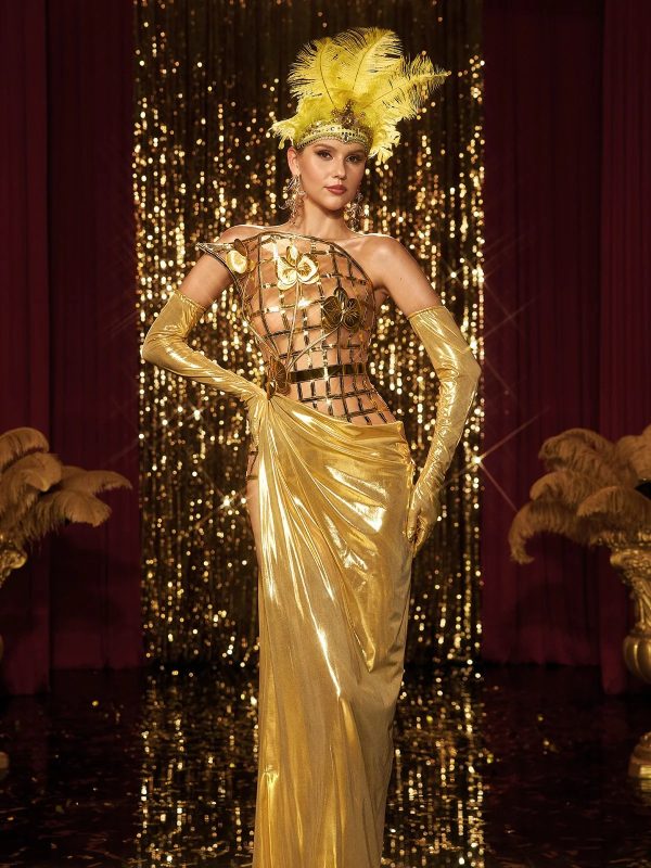 aethon strapless metallic flower maxi dress in gold 12