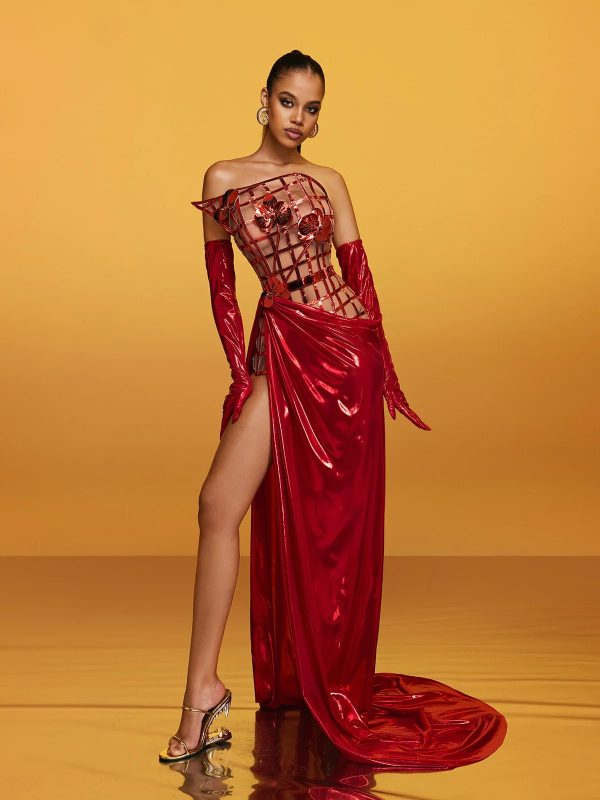 aethon strapless metallic flower maxi dress in red 13