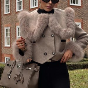 alina double breasted faux fur cropped jacket brown 11