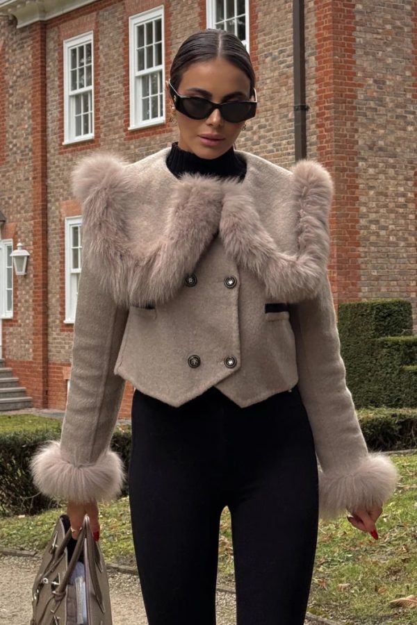 alina double breasted faux fur cropped jacket brown 12