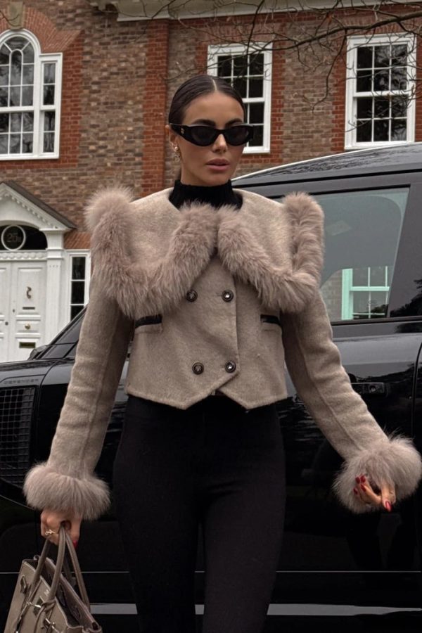 alina double breasted faux fur cropped jacket brown 14