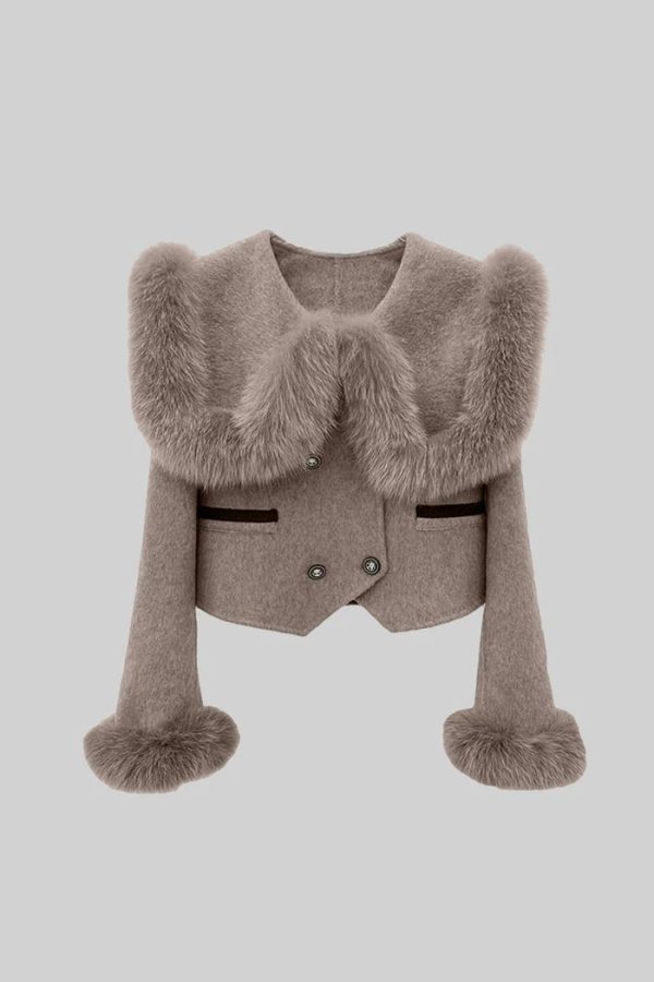 alina double breasted faux fur cropped jacket brown 16