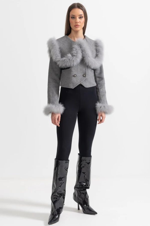 alina double breasted faux fur cropped jacket – gray 12