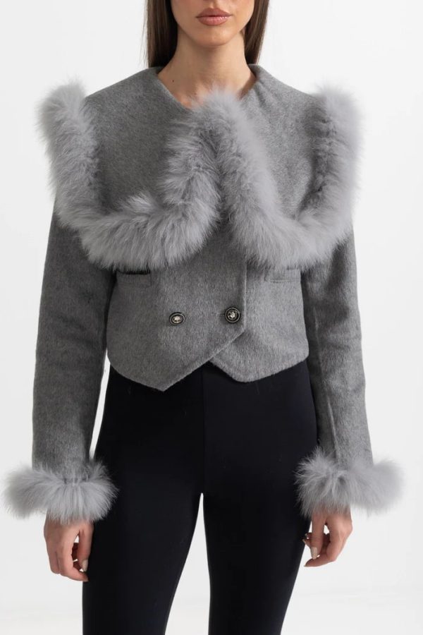 alina double breasted faux fur cropped jacket – gray 13