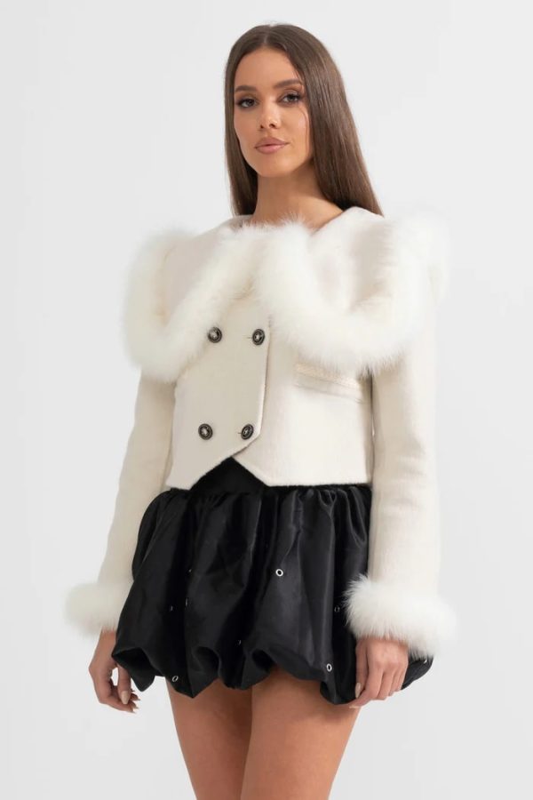 alina double breasted faux fur cropped jacket – white 14