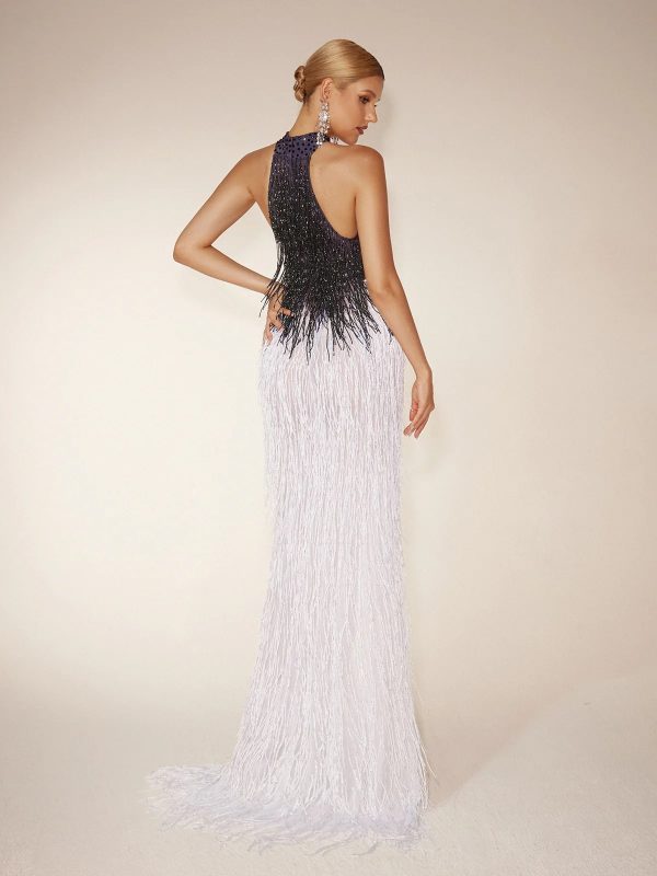 elvrik halterneck fringe cutout split maxi dress in black & white 16