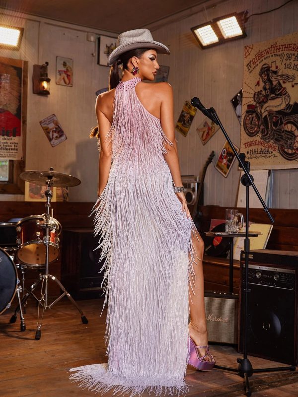 elvrik halterneck fringe cutout split maxi dress in blush 16
