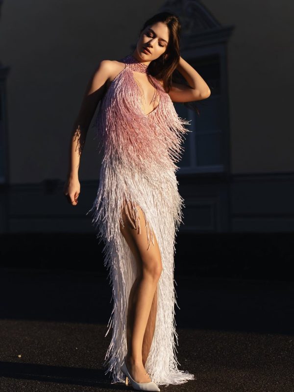 elvrik halterneck fringe cutout split maxi dress in blush 18