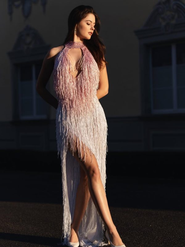 elvrik halterneck fringe cutout split maxi dress in blush 19