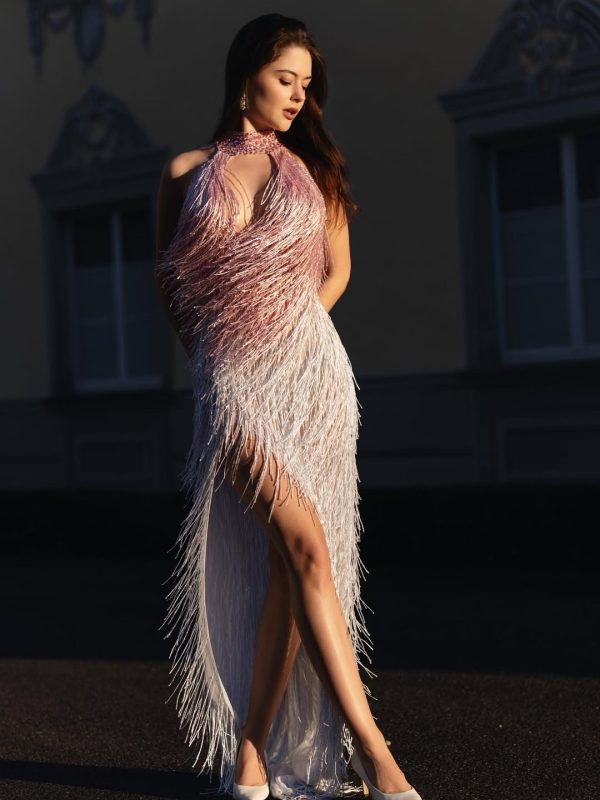 elvrik halterneck fringe cutout split maxi dress in blush 20