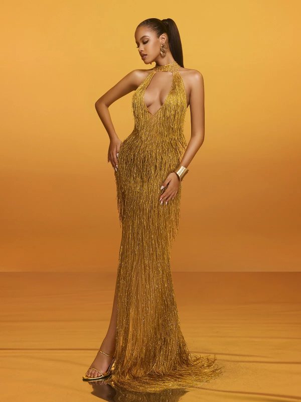 elvrik halterneck fringe cutout split maxi dress in gold 13