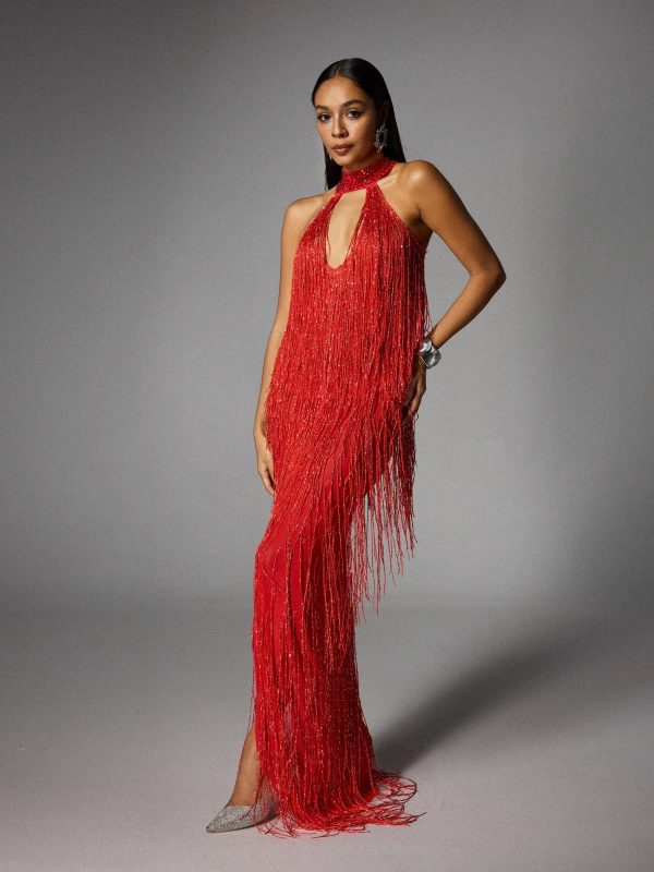 elvrik halterneck fringe cutout split maxi dress in red 12