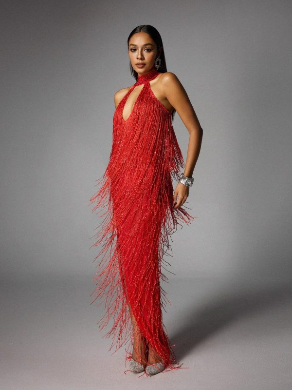 elvrik halterneck fringe cutout split maxi dress in red 13