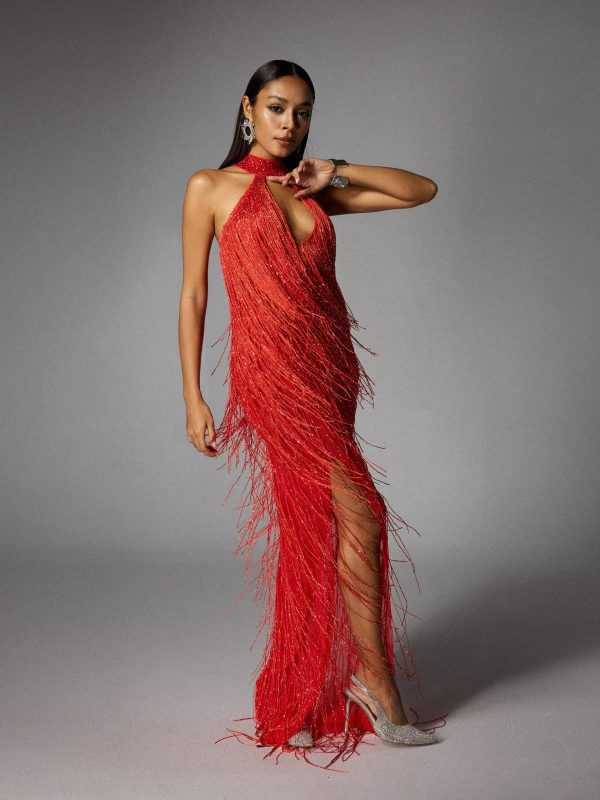 elvrik halterneck fringe cutout split maxi dress in red 14