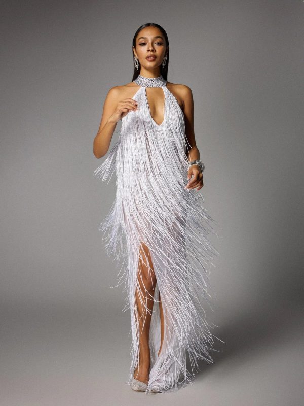 elvrik halterneck fringe cutout split maxi dress in white 12