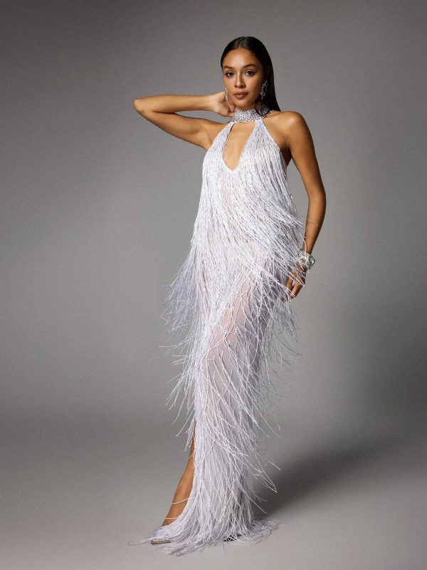 elvrik halterneck fringe cutout split maxi dress in white 13
