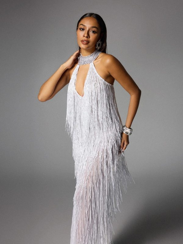 elvrik halterneck fringe cutout split maxi dress in white 15