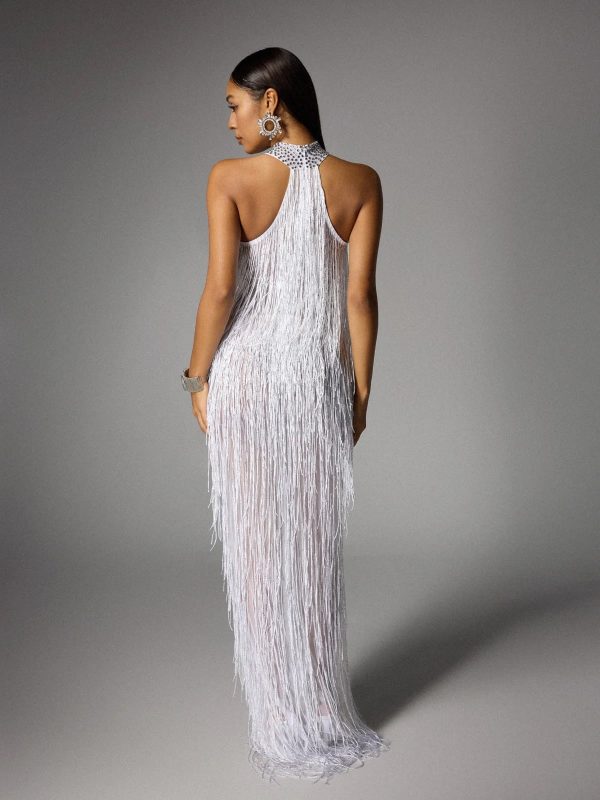 elvrik halterneck fringe cutout split maxi dress in white 16