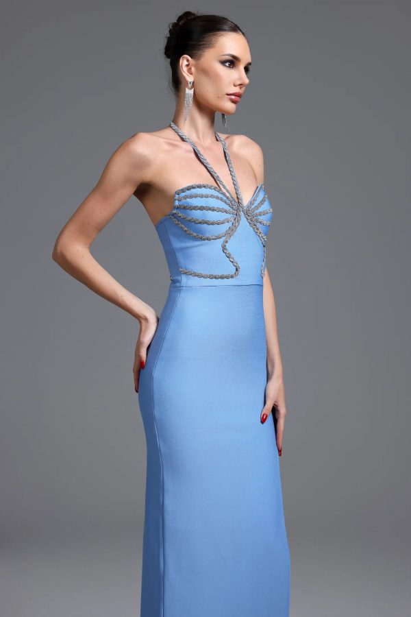 hattie halter high slit diamond bandage blue maxi dress 14