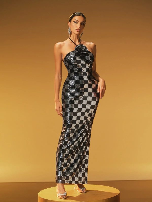 hexar halterneck flower sequin maxi dress 12