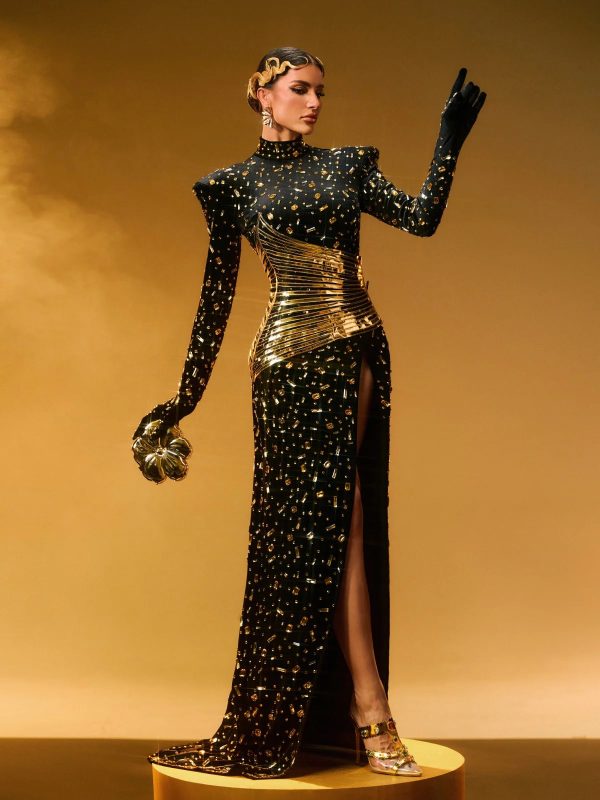 jonson rhinestone embellished split maxi dress in black 14