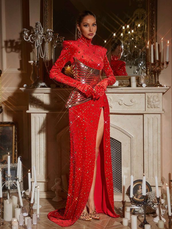 jonson rhinestone embellished split maxi dress in red 13