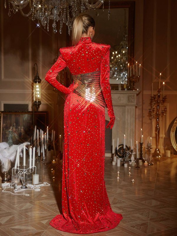 jonson rhinestone embellished split maxi dress in red 16