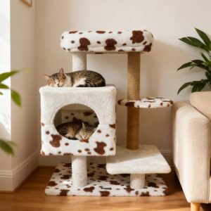 modern cat tree with wide upholstered perch & 2 entrance cat condo 11