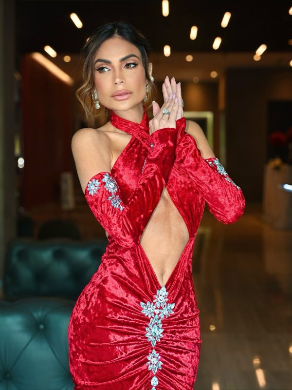 nila velvet halter cutout maxi dress with gloves red 14